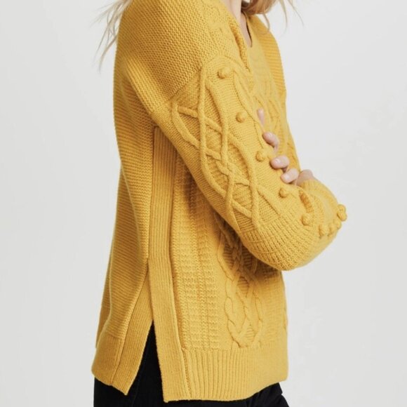 Madewell Merino Wool Mustard Yellow Pom Pom Sweater | Size Large - Picture 1 of 10